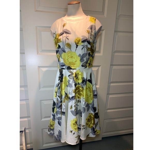 Gabby Skye Fit-N-Flare Midi Dress Off White Floral Yellow Roses 50's Style Gown - Picture 12 of 12